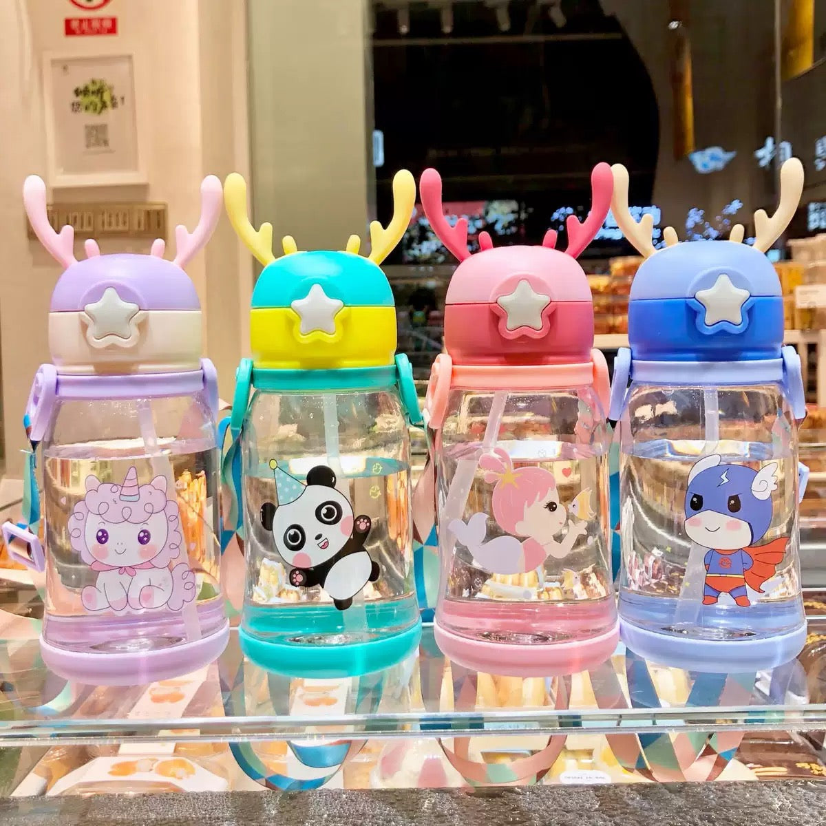 Cartoon water bottle with straw