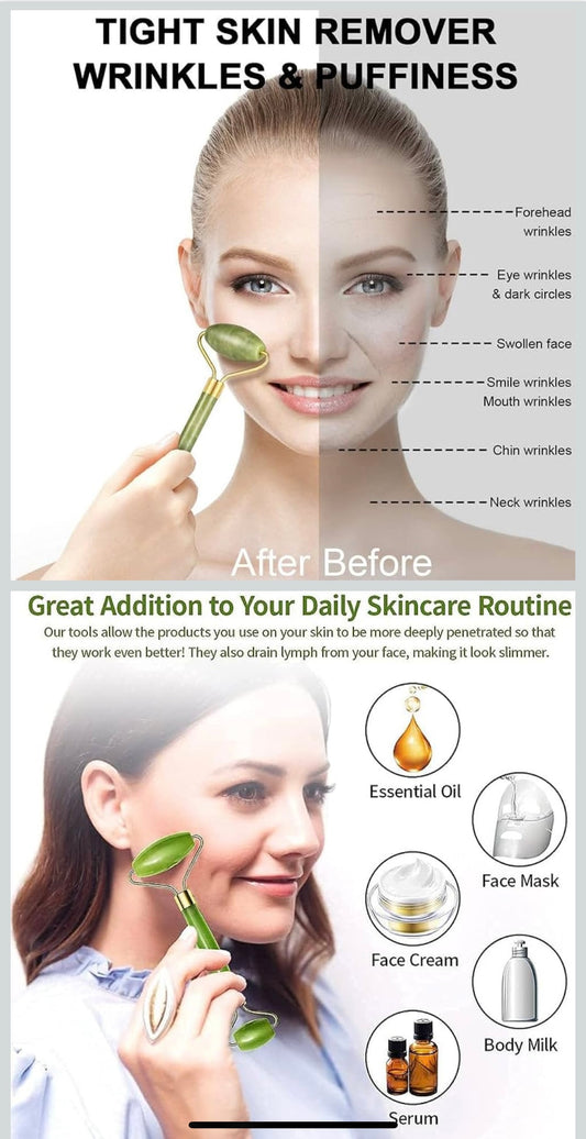 Oblivion Jade Roller - Gua Sha and Anti Aging Face Massager for Face Massage Natural Skincare facial tools for Women, Natural Green Beauty Massagers for Glowing Skin and Eye to Reduce Wrinkles (1 Set)