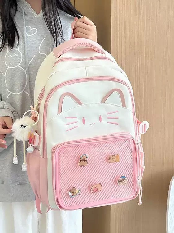 Japanese Style Ins Cute Cat Backpack Women's Transparent Pumpy Pain Bag New Large Capacity Schoolbag Backpack for Middle School Students