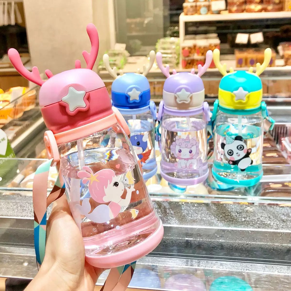 Cartoon water bottle with straw