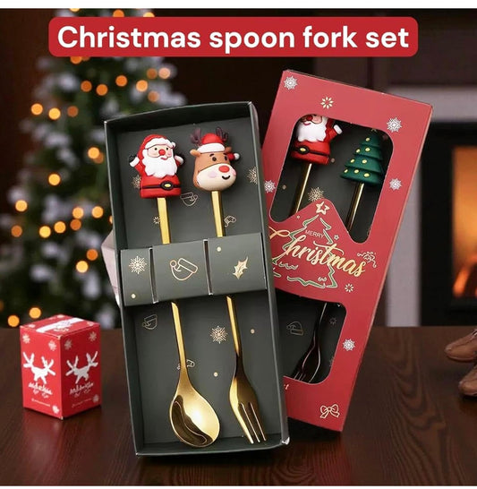 PARTEET Stainless Steel Christmas Cutlery Set with Santa Figurines, Set of 4 Piece Gold Plated Flatware & Tablespoon & Fork Set, Cake & Ice Cream Spoon| Merry Christmas Festive Gift Box for Kids