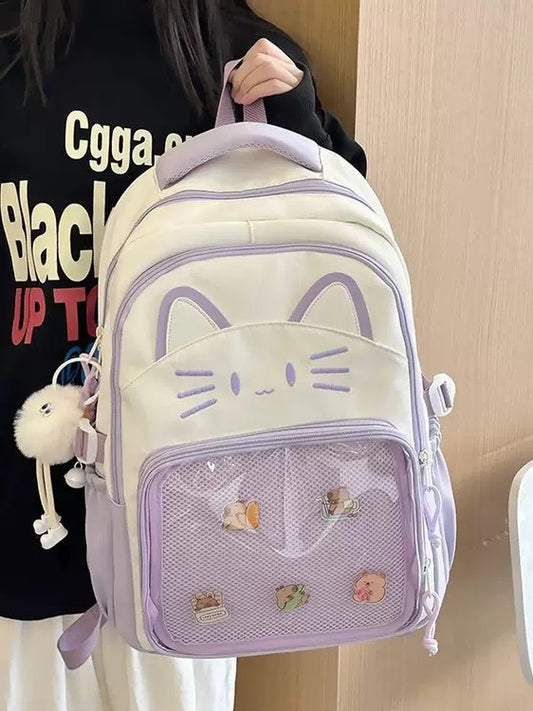 Japanese Style Ins Cute Cat Backpack Women's Transparent Pumpy Pain Bag New Large Capacity Schoolbag Backpack for Middle School Students