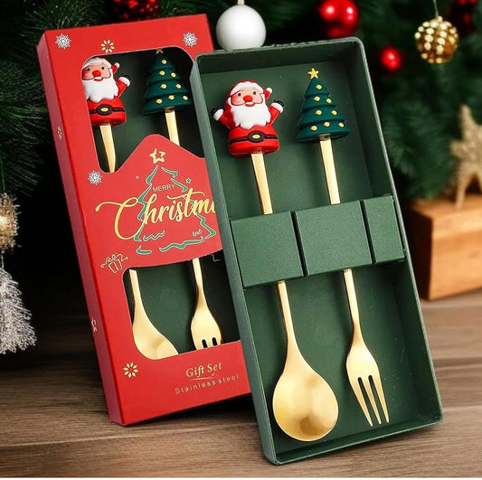 PARTEET Stainless Steel Christmas Cutlery Set with Santa Figurines, Set of 4 Piece Gold Plated Flatware & Tablespoon & Fork Set, Cake & Ice Cream Spoon| Merry Christmas Festive Gift Box for Kids