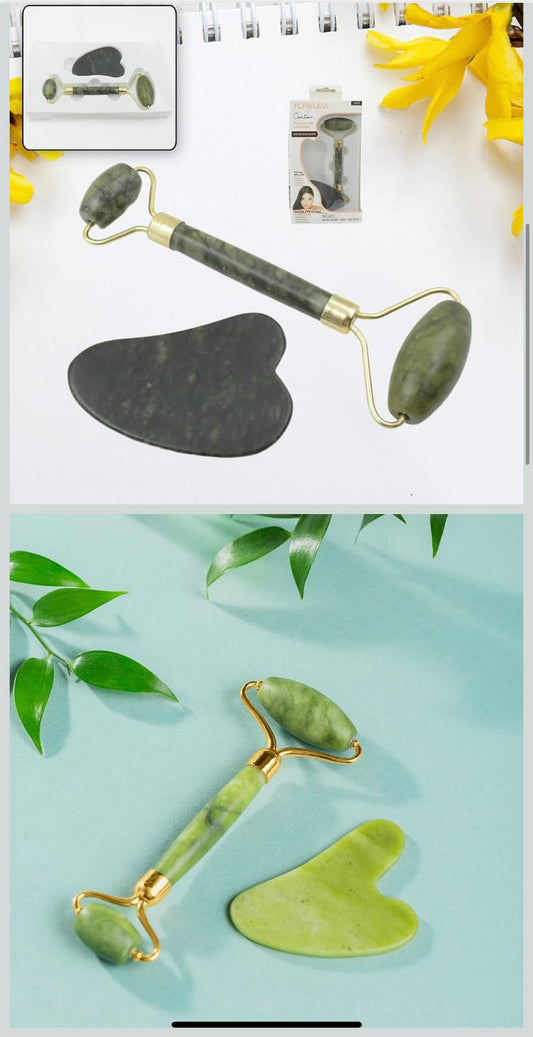 Oblivion Jade Roller - Gua Sha and Anti Aging Face Massager for Face Massage Natural Skincare facial tools for Women, Natural Green Beauty Massagers for Glowing Skin and Eye to Reduce Wrinkles (1 Set)
