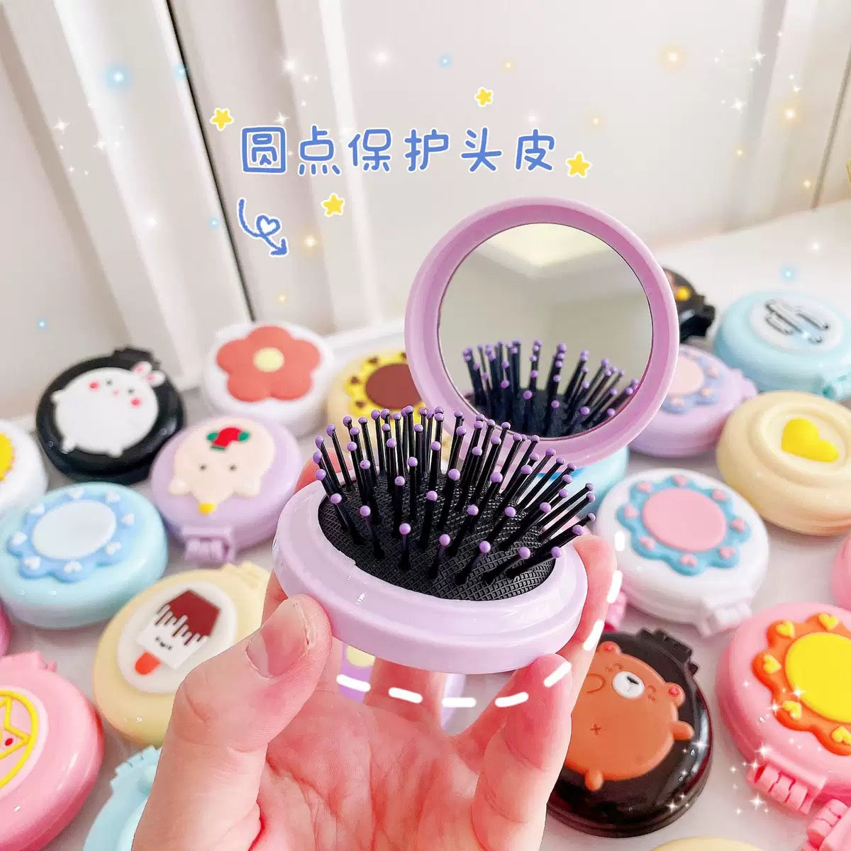 Cartoon Printed Mini Mirror Comb